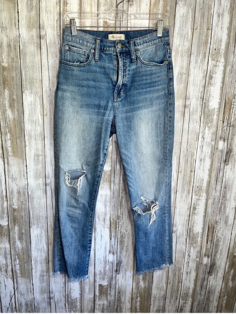 Madewell Perfect Vintage Jeans 27 High Rise Distressed Straight Crop Raw Hem